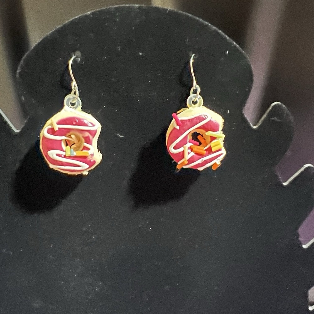 Donut Earrings W/frosting And A Bite Out Of Them - Picture 2 of 4